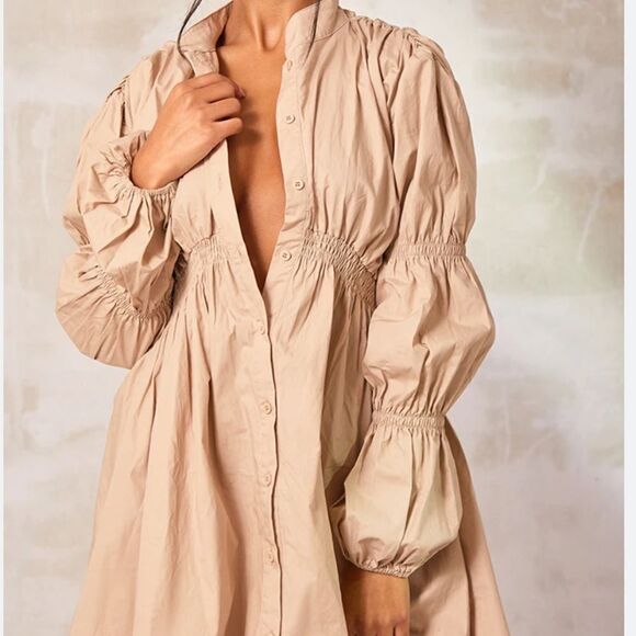 PrettyLittle Things Stone cotton ruched arm shirt‎ dress Sz0 NWT IN PACKAGING - Picture 2 of 5